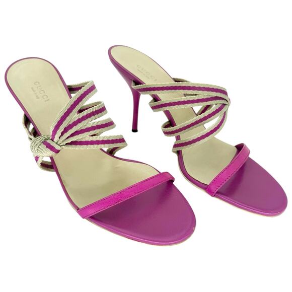 GUCCI Mirabelle Knotted Stripe Mules EU 40 US 10 Fuchsia Pink High Heels Sandals - Picture 2 of 11